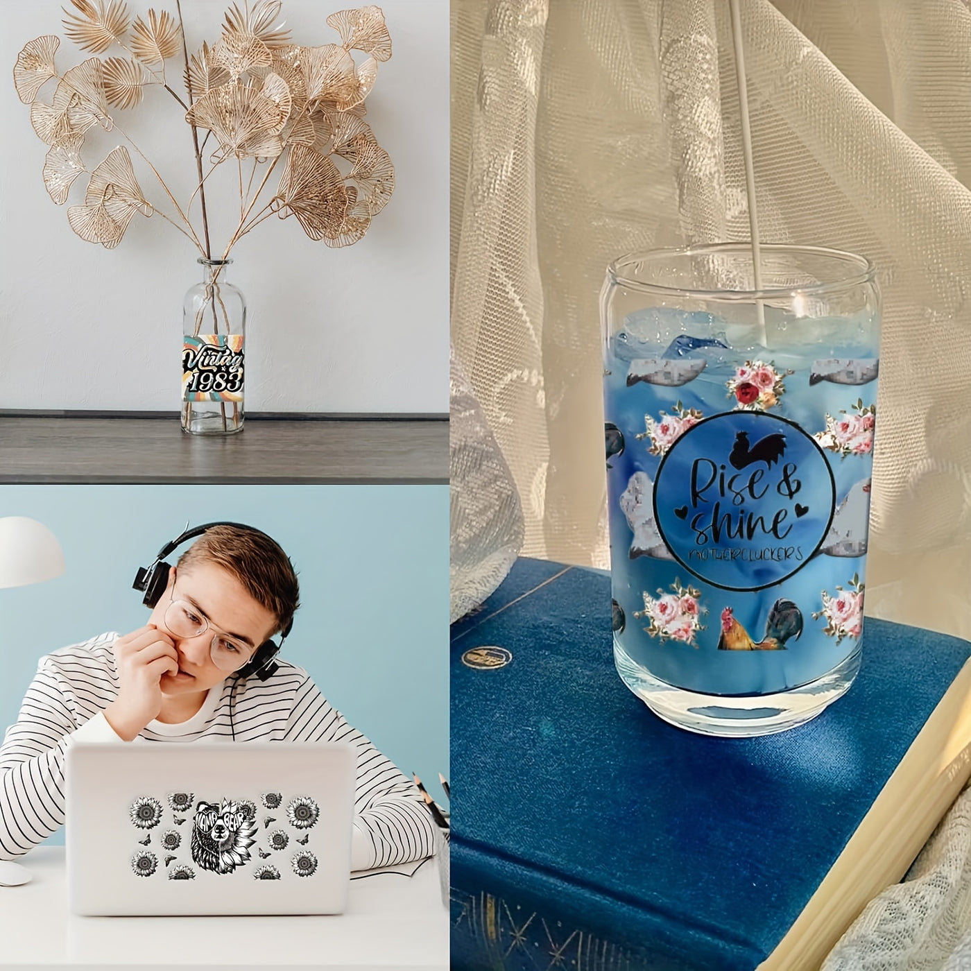 4-Pack Floral Christian UV DTF Self-Adhesive Plastic Cup Decals, Waterproof Scratch-Resistant 3D Crystal Stickers for Glass Cups and Bottles, High-Quality Decal Set (4.3in x 9.4in)