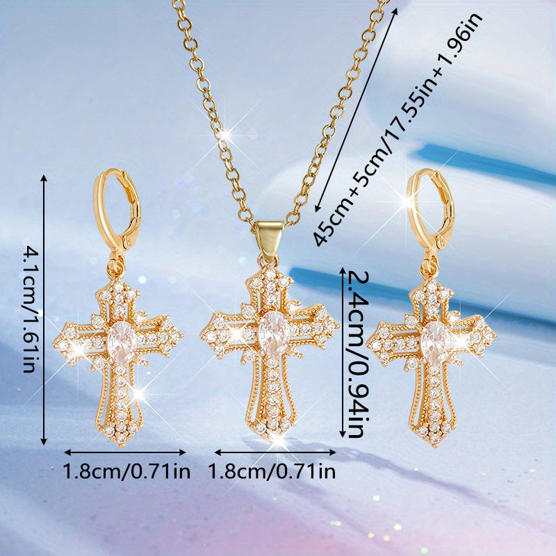 3pcs New Creative Simple Cross Earrings Necklace Luxurious Beautiful Shining Fashionable Party Commemorative Jewelry Exquisite Christmas Birthday Gift