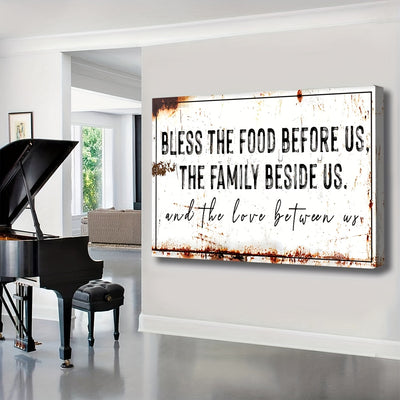 Bless The Food Before Us" Rustic Canvas Wall Art - Extra Large, Wooden Framed, Ready to Hang Decor for Kitchen & Dining Room, Farmhouse Style Christian Gift