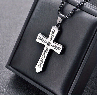 New Boho Style Stainless Steel Cross Pendant Necklace with Corroded Flame Design - Alpaca Brand