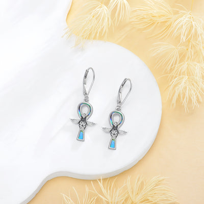 Ankh Earrings 925 Sterling Silver Scarab Beetle Leverback Dangle Drop Earrings Abalone Shell Ankh Cross Earrings Egyptian Jewelry for Women