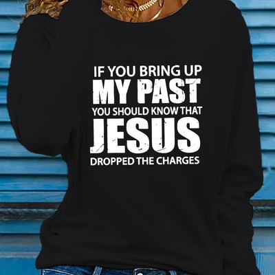Vibrant Jesus Letter Print Long Sleeve Crew Neck T-Shirt - Soft, Breathable, Casual Top for Spring and Fall - Women's Relaxed Fit Clothing for Everyday Wear
