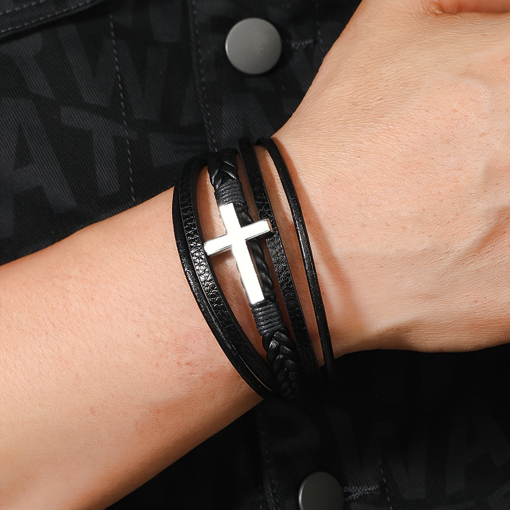 [1pc Magnetic PU Leather Bracelet] 1pc Fashion Magnetic Buckle Woven PU Leather Bracelet, Cross Simple Bracelet Men's Versatile Bracelet, Father's Day Gift