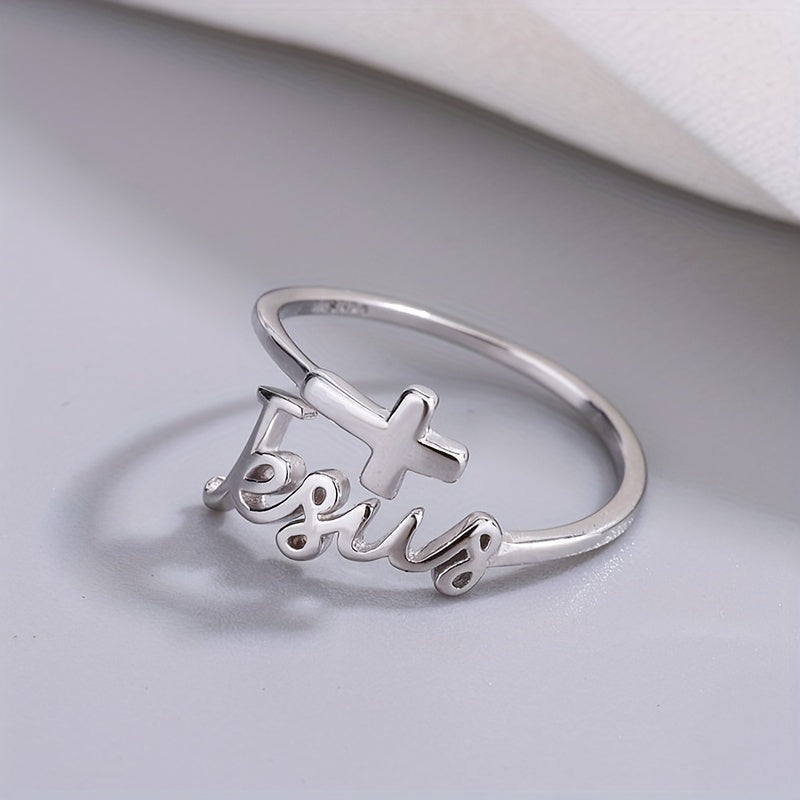 Unique 925 Silver Cross English Letter Opening Adjustable Jewelry Ring For Women Actual Without Box