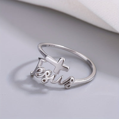 Unique 925 Silver Cross English Letter Opening Adjustable Jewelry Ring For Women Actual Without Box