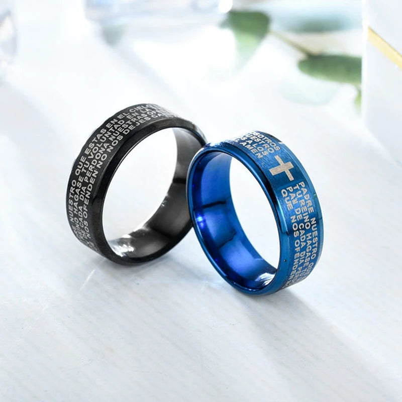 Men Jewelry Bible Ring Sliver 316L Spanish Religious Stainless Steel Father Prayer Padre Nuestro Cross Rings 8mm