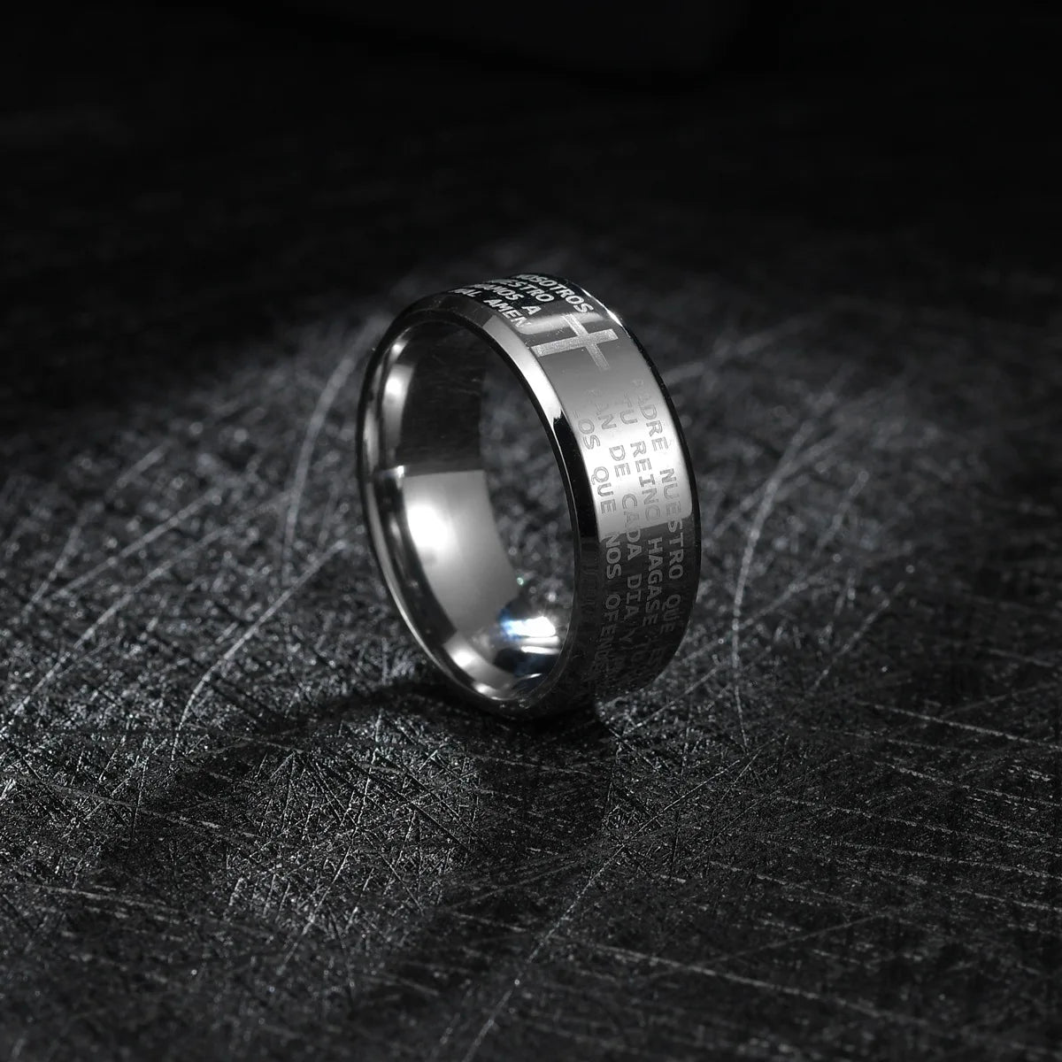 Men Jewelry Bible Ring Sliver 316L Spanish Religious Stainless Steel Father Prayer Padre Nuestro Cross Rings 8mm