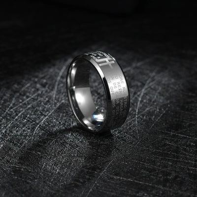 Men Jewelry Bible Ring Sliver 316L Spanish Religious Stainless Steel Father Prayer Padre Nuestro Cross Rings 8mm