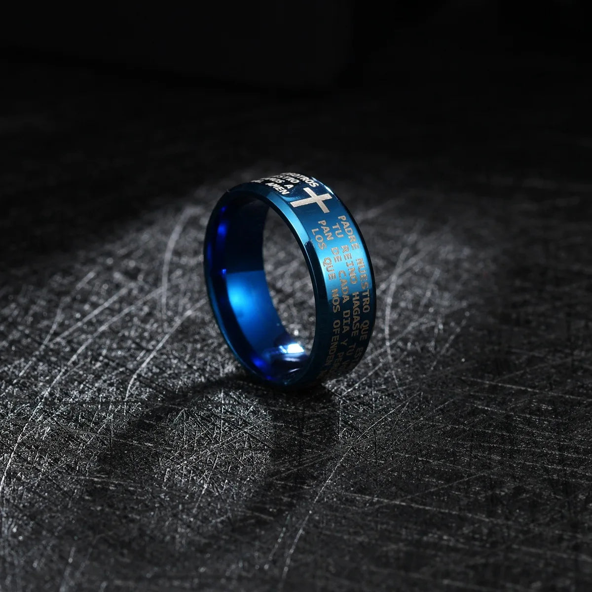 Men Jewelry Bible Ring Sliver 316L Spanish Religious Stainless Steel Father Prayer Padre Nuestro Cross Rings 8mm