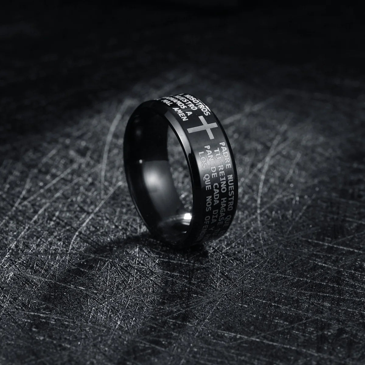 Men Jewelry Bible Ring Sliver 316L Spanish Religious Stainless Steel Father Prayer Padre Nuestro Cross Rings 8mm