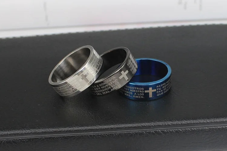 Men Jewelry Bible Ring Sliver 316L Spanish Religious Stainless Steel Father Prayer Padre Nuestro Cross Rings 8mm