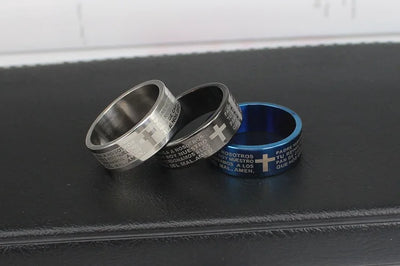 Men Jewelry Bible Ring Sliver 316L Spanish Religious Stainless Steel Father Prayer Padre Nuestro Cross Rings 8mm
