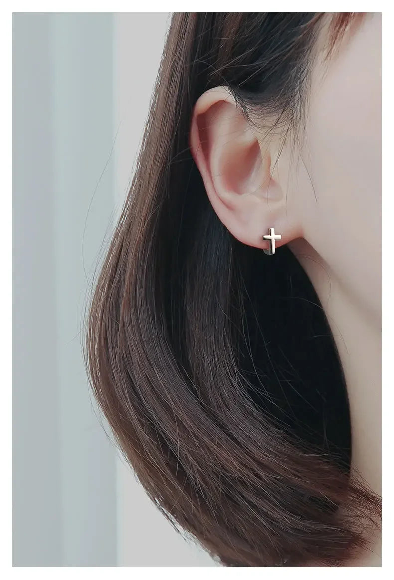 925 Sterling Silver Cross Earrings for Women Fashion Personality Couple Small Contracted Earrings