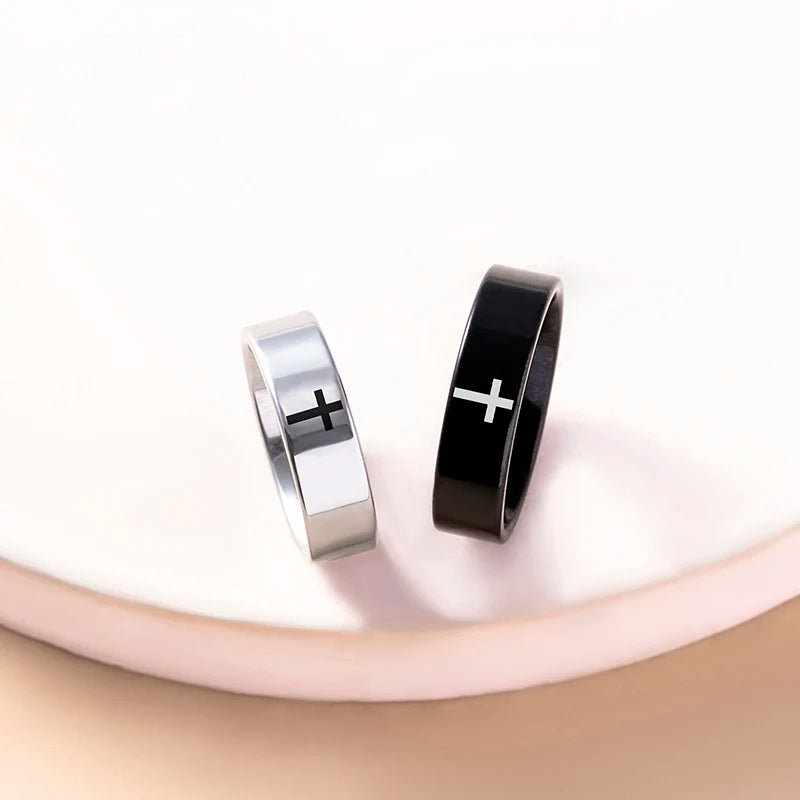 2 Pcs/Set Black Silver Color Stainless Steel Cross Couple Ring Christian Catholic Jewelry Valentines Day Gift