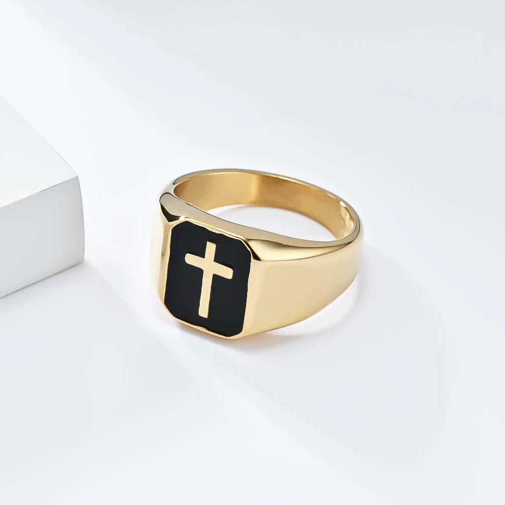 Men's Stainless Steel Vintage Enamel Square Cross Rings Biker Rock Cocktail Party Ring