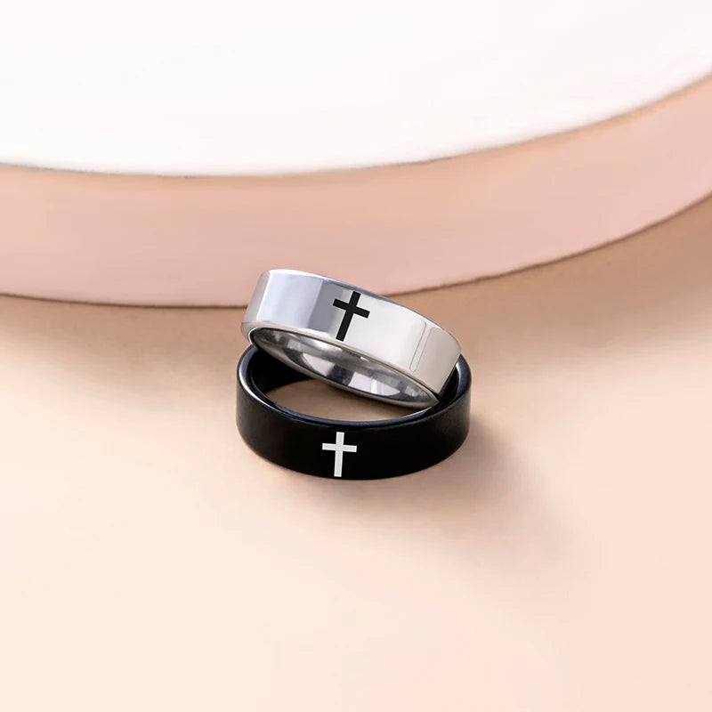2 Pcs/Set Black Silver Color Stainless Steel Cross Couple Ring Christian Catholic Jewelry Valentines Day Gift
