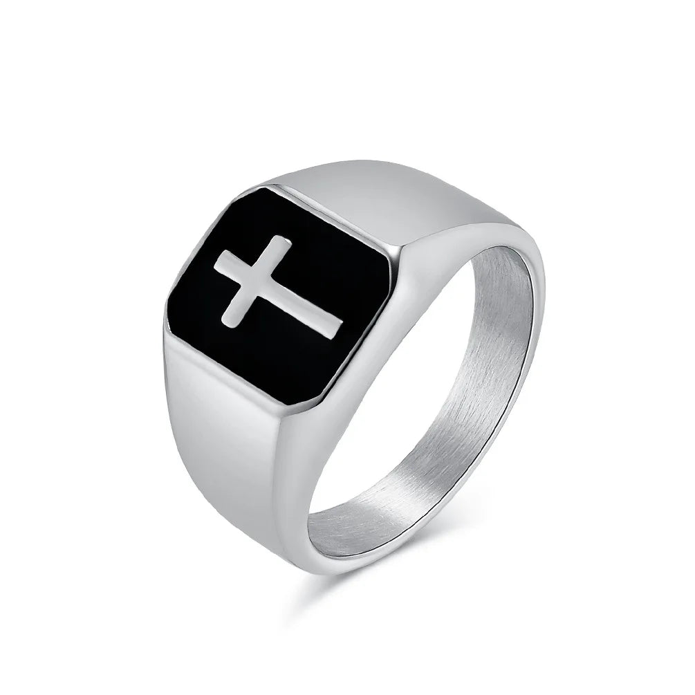 Men's Stainless Steel Vintage Enamel Square Cross Rings Biker Rock Cocktail Party Ring