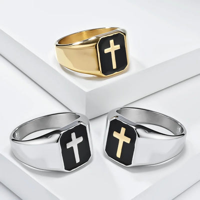 Men's Stainless Steel Vintage Enamel Square Cross Rings Biker Rock Cocktail Party Ring
