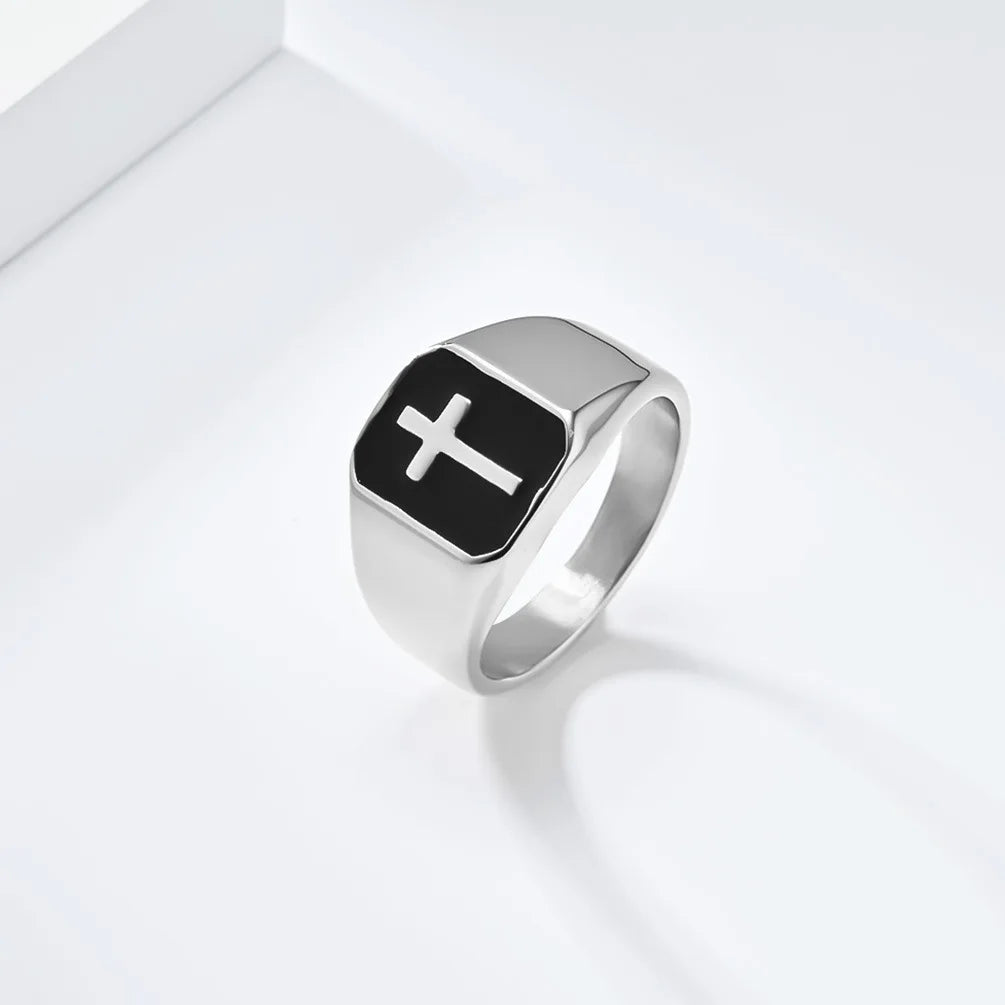 Men's Stainless Steel Vintage Enamel Square Cross Rings Biker Rock Cocktail Party Ring