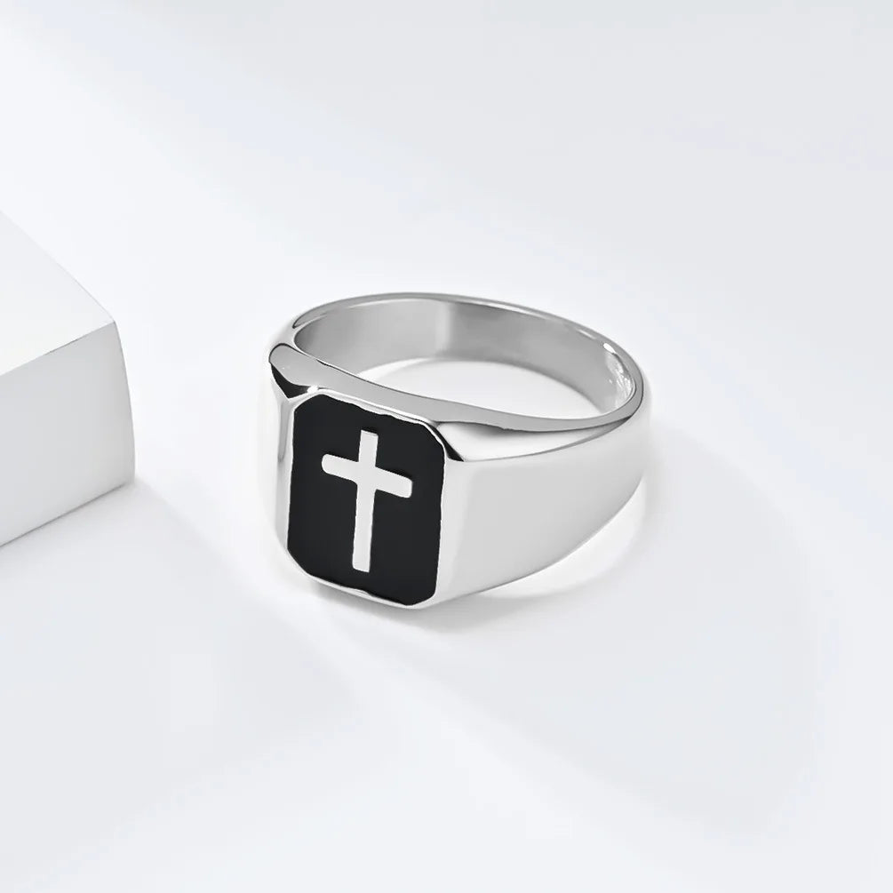 Men's Stainless Steel Vintage Enamel Square Cross Rings Biker Rock Cocktail Party Ring