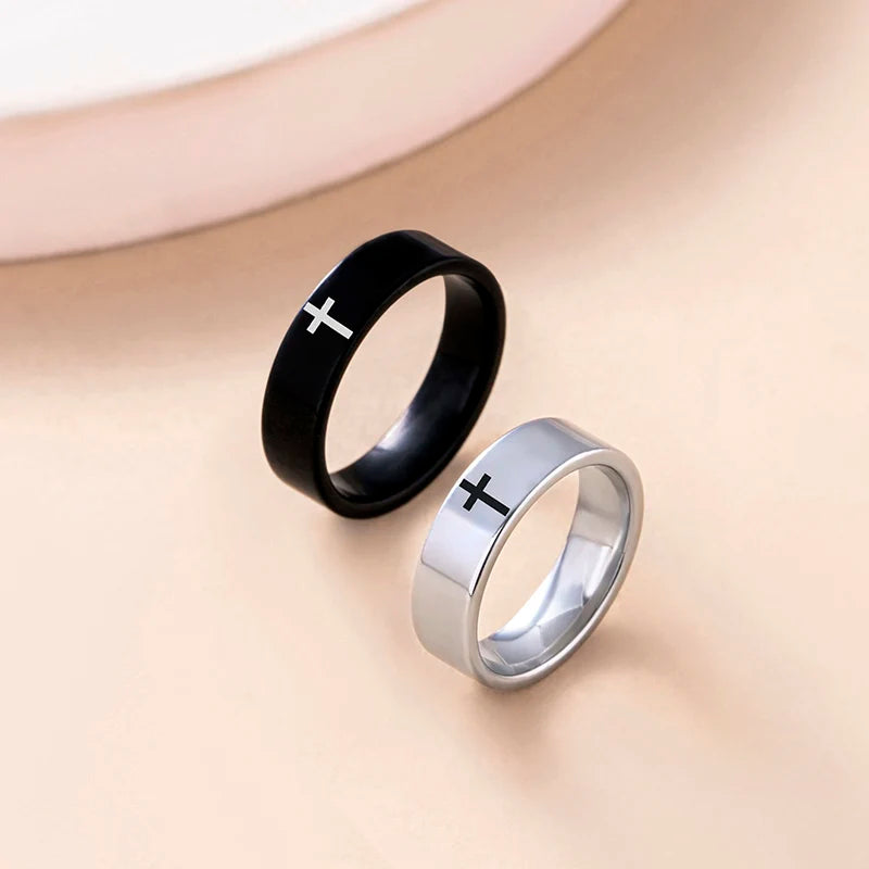 2 Pcs/Set Black Silver Color Stainless Steel Cross Couple Ring Christian Catholic Jewelry Valentines Day Gift