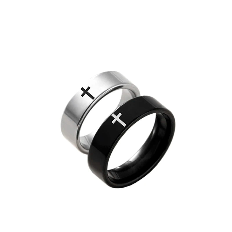 2 Pcs/Set Black Silver Color Stainless Steel Cross Couple Ring Christian Catholic Jewelry Valentines Day Gift