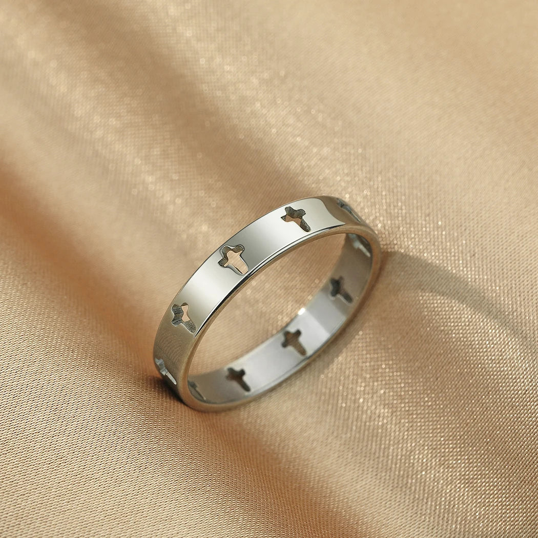 Kinitial Stainless Steel Jesus Cross Rings For Women Men Christian Jewelry Amulet Stackable Ring Bague