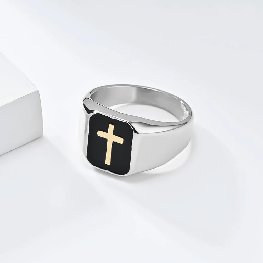Men's Stainless Steel Vintage Enamel Square Cross Rings Biker Rock Cocktail Party Ring