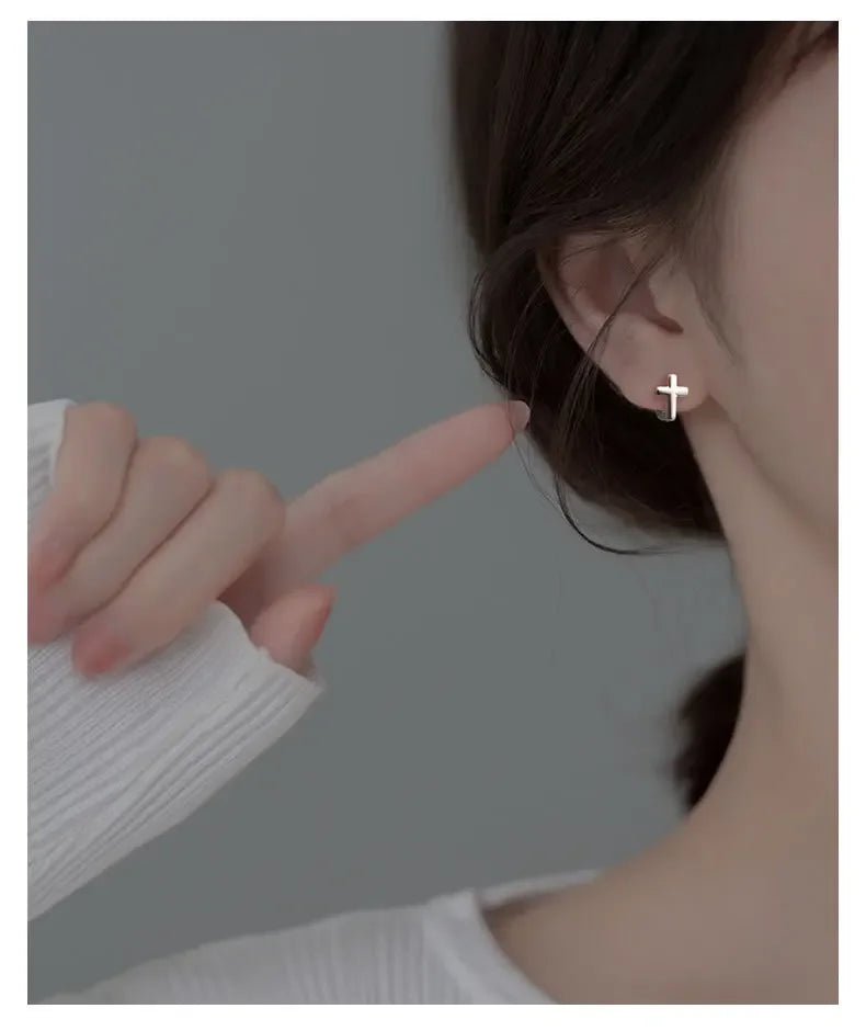 925 Sterling Silver Cross Earrings for Women Fashion Personality Couple Small Contracted Earrings