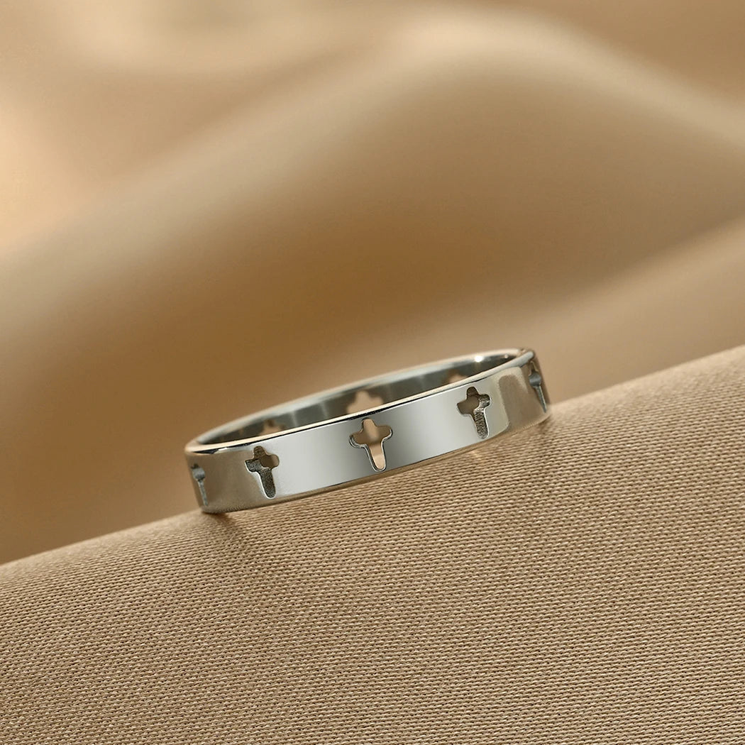 Kinitial Stainless Steel Jesus Cross Rings For Women Men Christian Jewelry Amulet Stackable Ring Bague