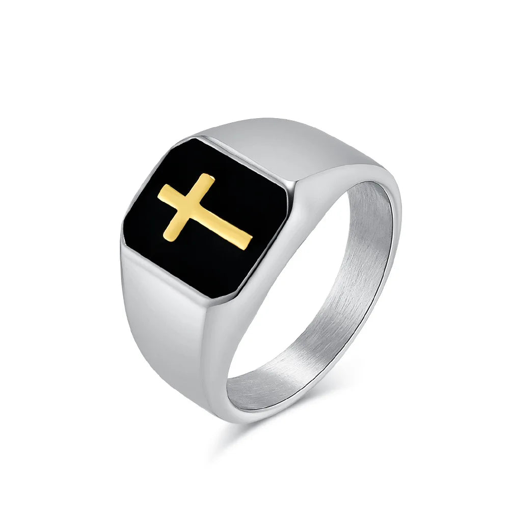 Men's Stainless Steel Vintage Enamel Square Cross Rings Biker Rock Cocktail Party Ring