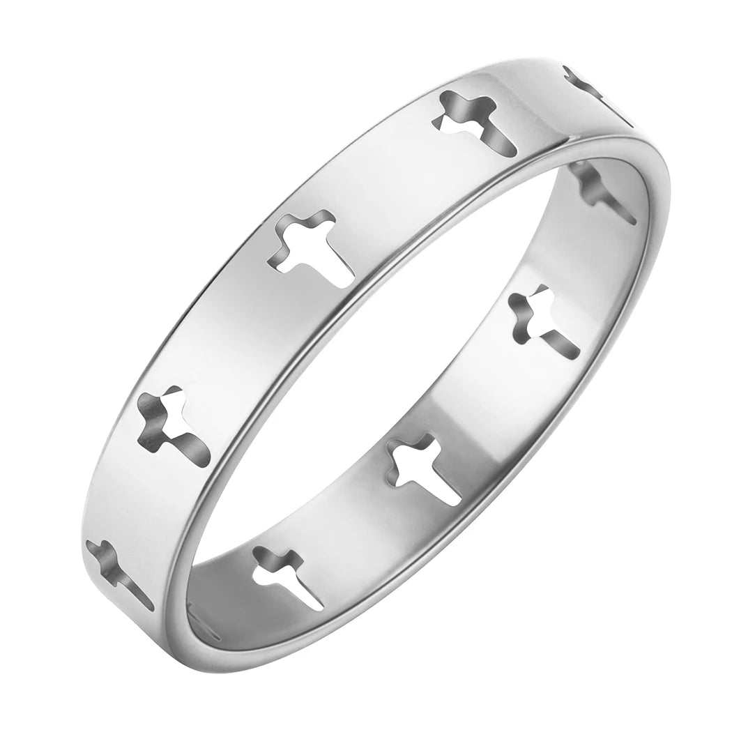 Kinitial Stainless Steel Jesus Cross Rings For Women Men Christian Jewelry Amulet Stackable Ring Bague