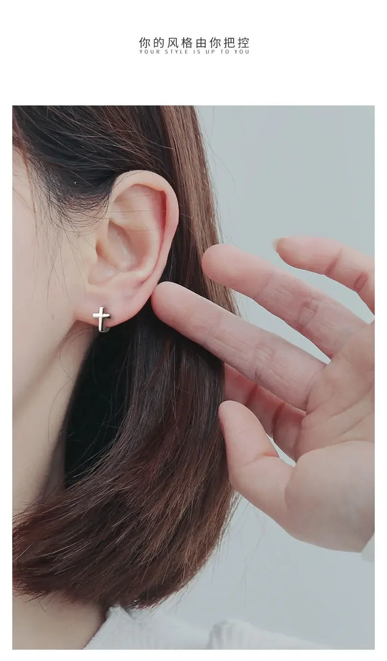 925 Sterling Silver Cross Earrings for Women Fashion Personality Couple Small Contracted Earrings
