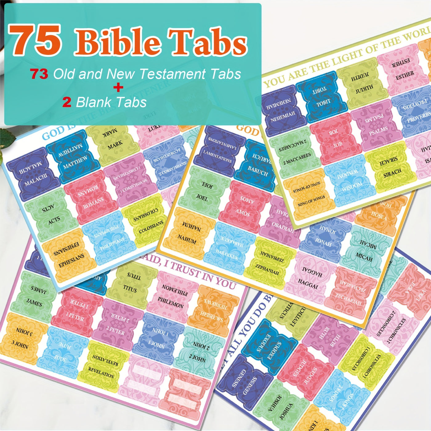 Bible Tabs Set of 75 Laminated Indexing Stickers - Large Print, Easy to Read, Self-Adhesive Bible Book Tabs for Journaling - Bible Study Accessories - Includes 73 Old & New Testament Labels Plus 2 Blank Tabs - Christian Faith