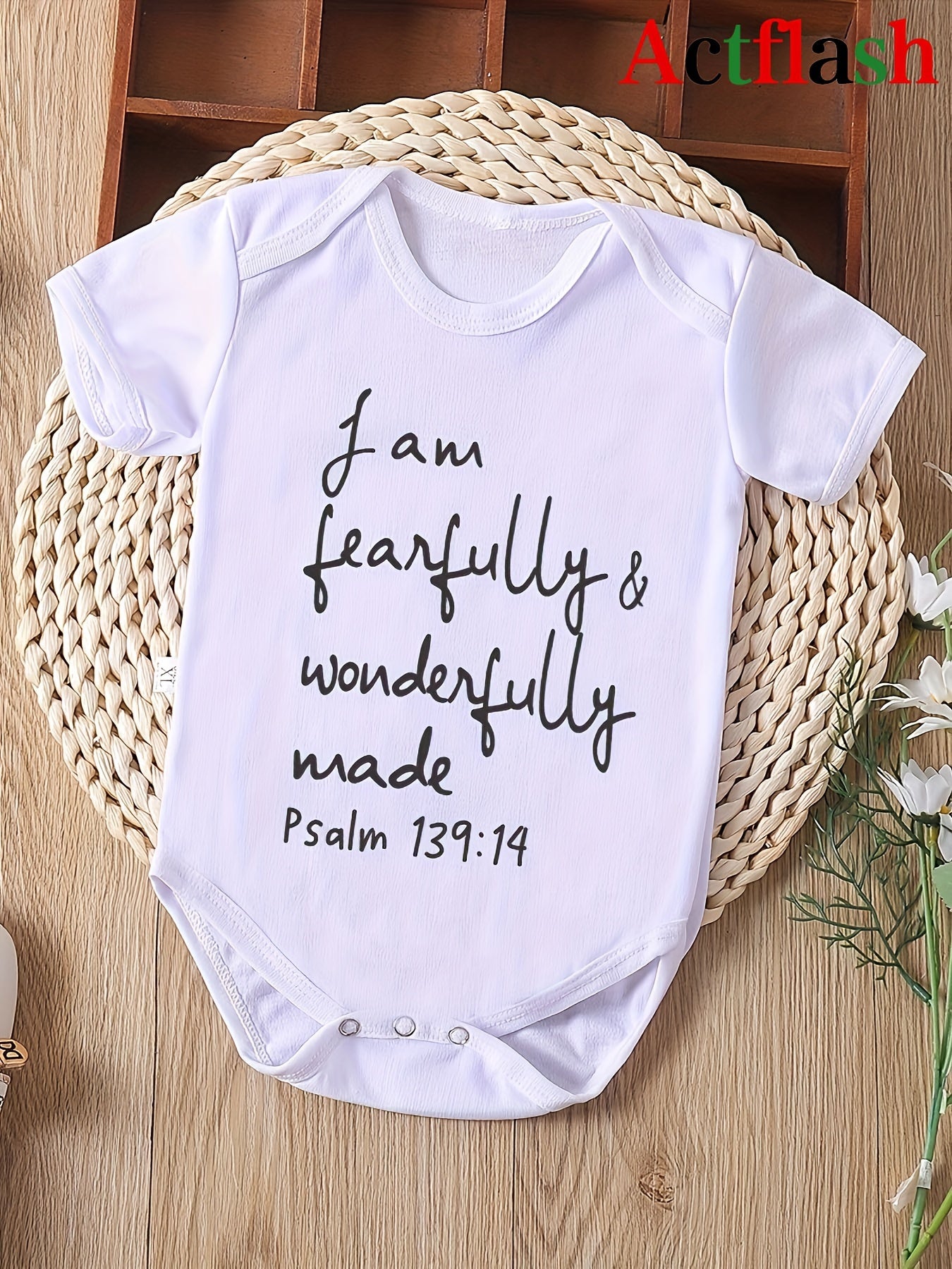 ACTFLASH Baby Girl'S First Birthday Outfit - "I Am Fearfully & Wonderfully Made" Psalm 139:14 Christian Romper, Soft Short Sleeve Onesie for Newborns, Baptism & Christening Ceremony Clothes - Easy Diaper change snaps, Babygir