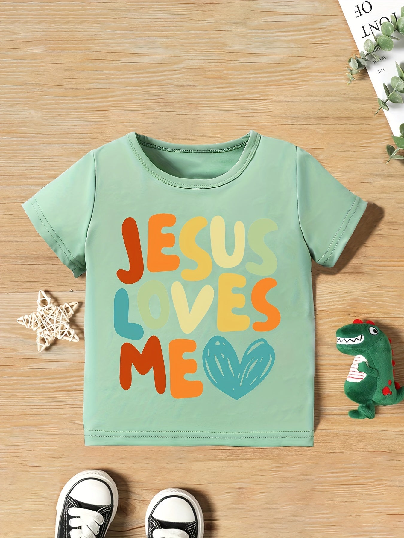 Boys Cartoon T-shirt, JESUS LOVES ME Print Kids Short Sleeve Casual Top Kids Summer Clothes