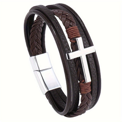 [1pc Magnetic PU Leather Bracelet] 1pc Fashion Magnetic Buckle Woven PU Leather Bracelet, Cross Simple Bracelet Men's Versatile Bracelet, Father's Day Gift