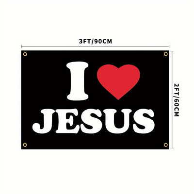 3x5ft 'I Love Jesus' Durable Polyester Flag - Bold Black with Red Heart Design, Brass Grommets for Easy Hanging - Ideal for Man Caves, University Dorms & Home Decor