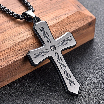 New Boho Style Stainless Steel Cross Pendant Necklace with Corroded Flame Design - Alpaca Brand