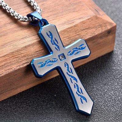 New Boho Style Stainless Steel Cross Pendant Necklace with Corroded Flame Design - Alpaca Brand