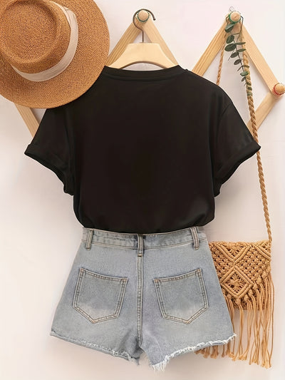 Cross & Faith Letter Print T-shirt, Casual Short Sleeve Top For Spring & Summer, Women's Clothing