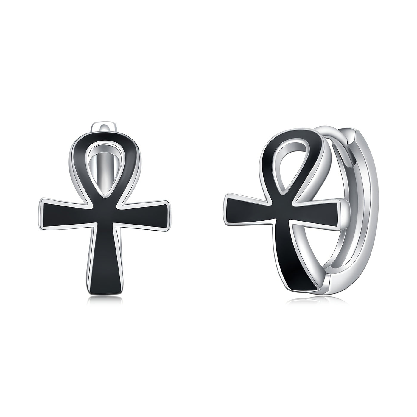 Black Ankh Cross Earrings 925 Sterling Silver Ankh Huggie Hoop Earrings Egyptian Ankh Jewelry Protection Symbol Earrings For Men Women