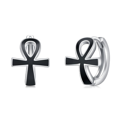 Black Ankh Cross Earrings 925 Sterling Silver Ankh Huggie Hoop Earrings Egyptian Ankh Jewelry Protection Symbol Earrings For Men Women