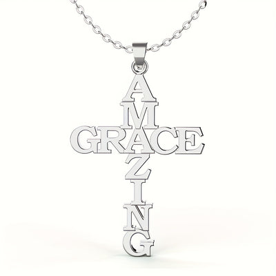 [Christian Stainless Steel Cross] Amazing Grace Cross Bracelet, Earrings, Necklace - Stainless Steel - Christian Gifts For Women & Men Faith - Religious Jewelry Gift For Christmas, Wedding, Anniversary