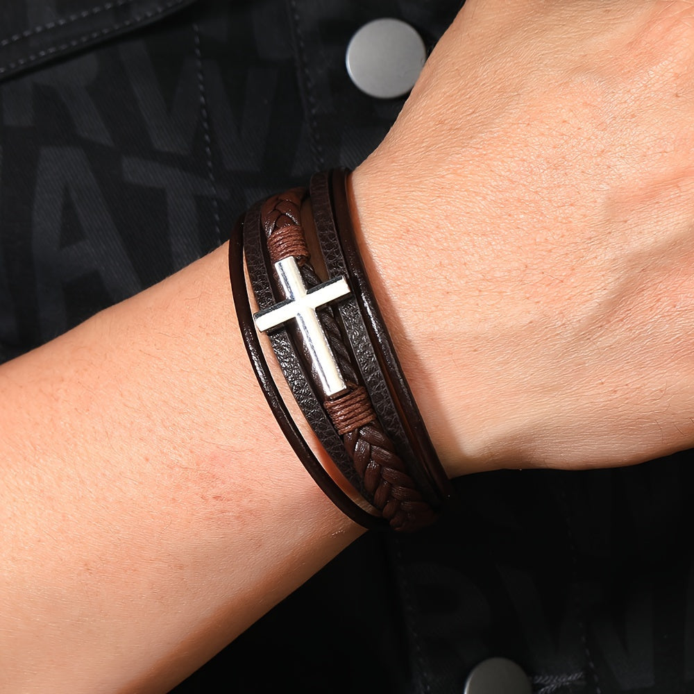 [1pc Magnetic PU Leather Bracelet] 1pc Fashion Magnetic Buckle Woven PU Leather Bracelet, Cross Simple Bracelet Men's Versatile Bracelet, Father's Day Gift