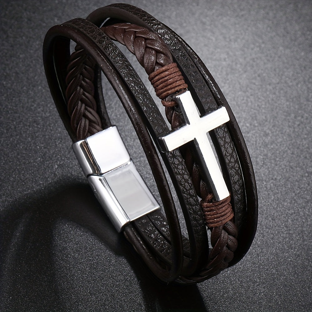 [1pc Magnetic PU Leather Bracelet] 1pc Fashion Magnetic Buckle Woven PU Leather Bracelet, Cross Simple Bracelet Men's Versatile Bracelet, Father's Day Gift