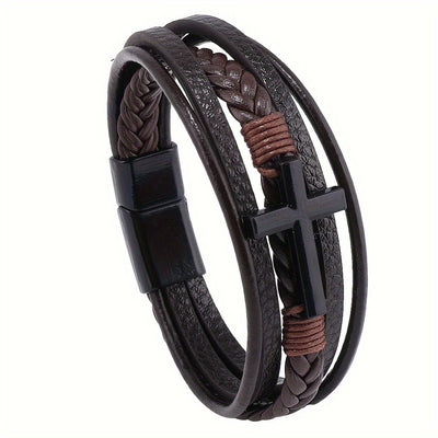 [1pc Magnetic PU Leather Bracelet] 1pc Fashion Magnetic Buckle Woven PU Leather Bracelet, Cross Simple Bracelet Men's Versatile Bracelet, Father's Day Gift