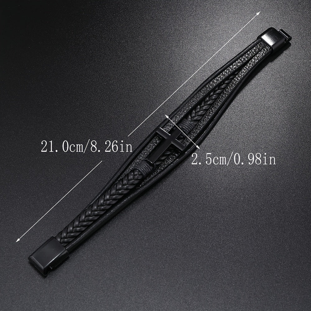 [1pc Magnetic PU Leather Bracelet] 1pc Fashion Magnetic Buckle Woven PU Leather Bracelet, Cross Simple Bracelet Men's Versatile Bracelet, Father's Day Gift