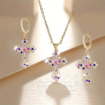 3pcs New Creative Simple Cross Earrings Necklace Luxurious Beautiful Shining Fashionable Party Commemorative Jewelry Exquisite Christmas Birthday Gift