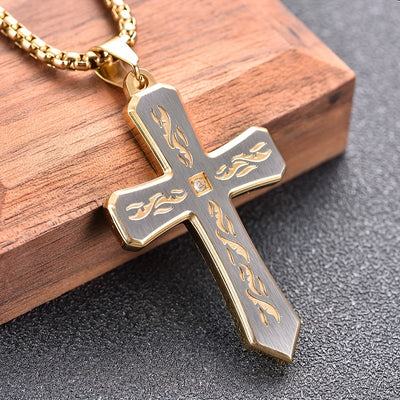 New Boho Style Stainless Steel Cross Pendant Necklace with Corroded Flame Design - Alpaca Brand